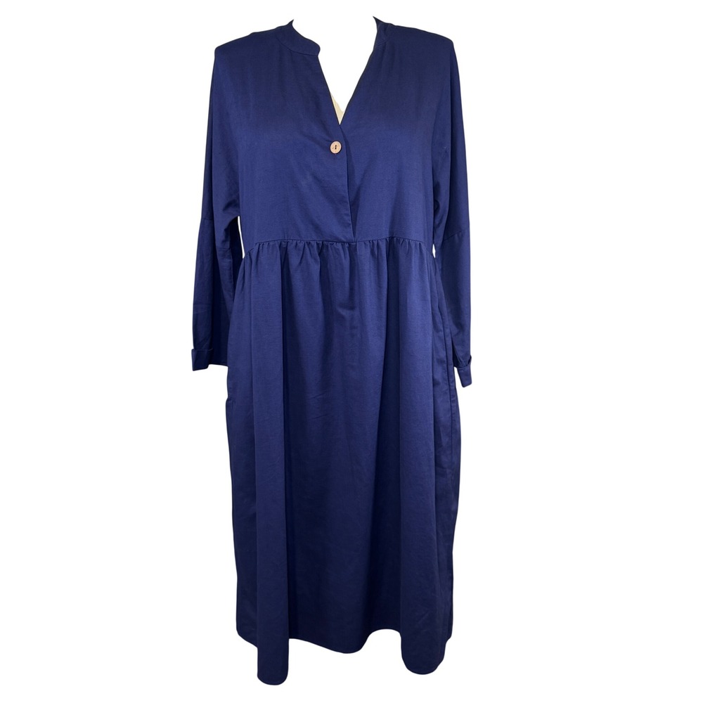 Grae Cove Navy Blue Linen Cotton Empire‎ Waist Midi Dress Womens XL NWT